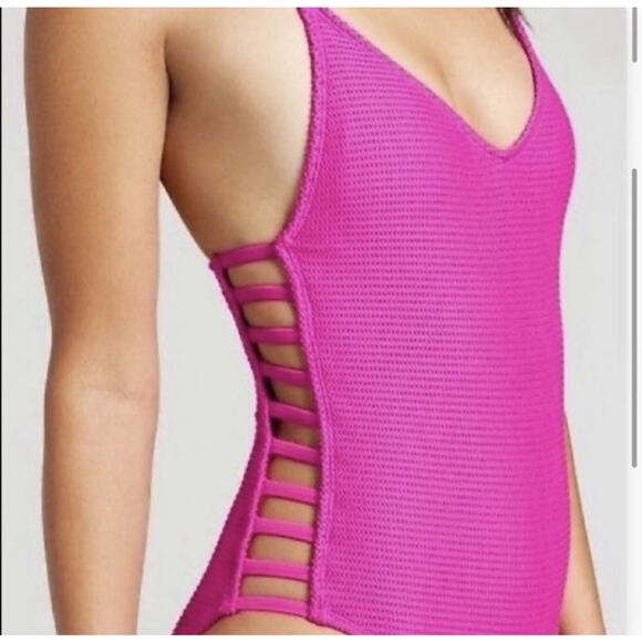 Xhilaration Mesh One Piece Swimsuit Swimwear Bathing Strappy Ladder Sides Pink S - Picture 2 of 16